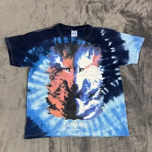 Y2K Lake Geneva Tie Dye Wolf Graphic T-Shirt Youth Small Gildan Blue Nature Tee - Picture 1 of 10