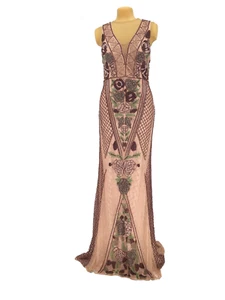 NWT Lavishly Beaded Long Evening Gown Hand Made India Sz L Blush Pink/Green/Wine - Picture 1 of 11