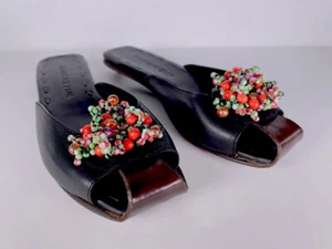 Robert Zur Carousel Black Leather Slide Sandal 5829 Bead and Stitch Detail 7 M - Picture 1 of 11