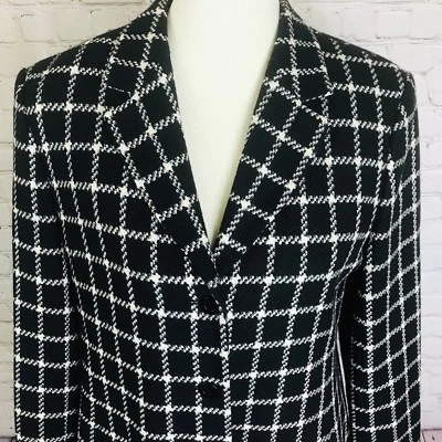 Talbots Women Wool Pea Coat Lined 3-button Black Ivory Windowpane Plaid Sz 8 L12 - Image 1 of 4