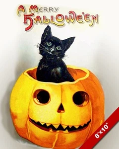 VINTAGE RETRO HALLOWEEN LEINWAND KUNSTDRUCK SCHWARZE KATZE JACK O LATERNE KÜRBIS 8X10 - Bild 1 von 1