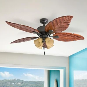 Tropical Ceiling Fan Palm Leaf Blades Pull Chain Fixture Quiet Light Bronze 52" - Picture 1 of 7