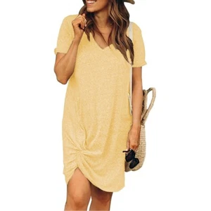 ⭐Vestido Camiseta Mujer Moda Verano Manga Corta Cuello V Casual Vestido Amarilla - Picture 1 of 1