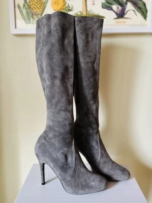 Stuart Weitzman Stretch Knee High Gray Suede Boots Stiletto Heel Size 7 - Image 1 of 4