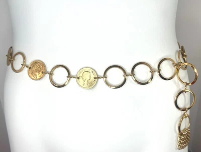 VTG Queen Regina Elizabeth Napoleon Coin Gold Tone Chain Link BELT Necklace 28” - Image 1 of 4