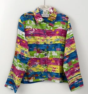 Karen Hart SIZE X LARGE HAWAIIAN FLOWERS RIBBON STRIPE Lightweight Jacket VTG - Picture 1 of 10