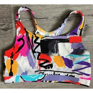 Vintage 90s Colorful Abstract Graffiti Ribbed Racerback Sports Bra Crop Large - Picture 1 of 7