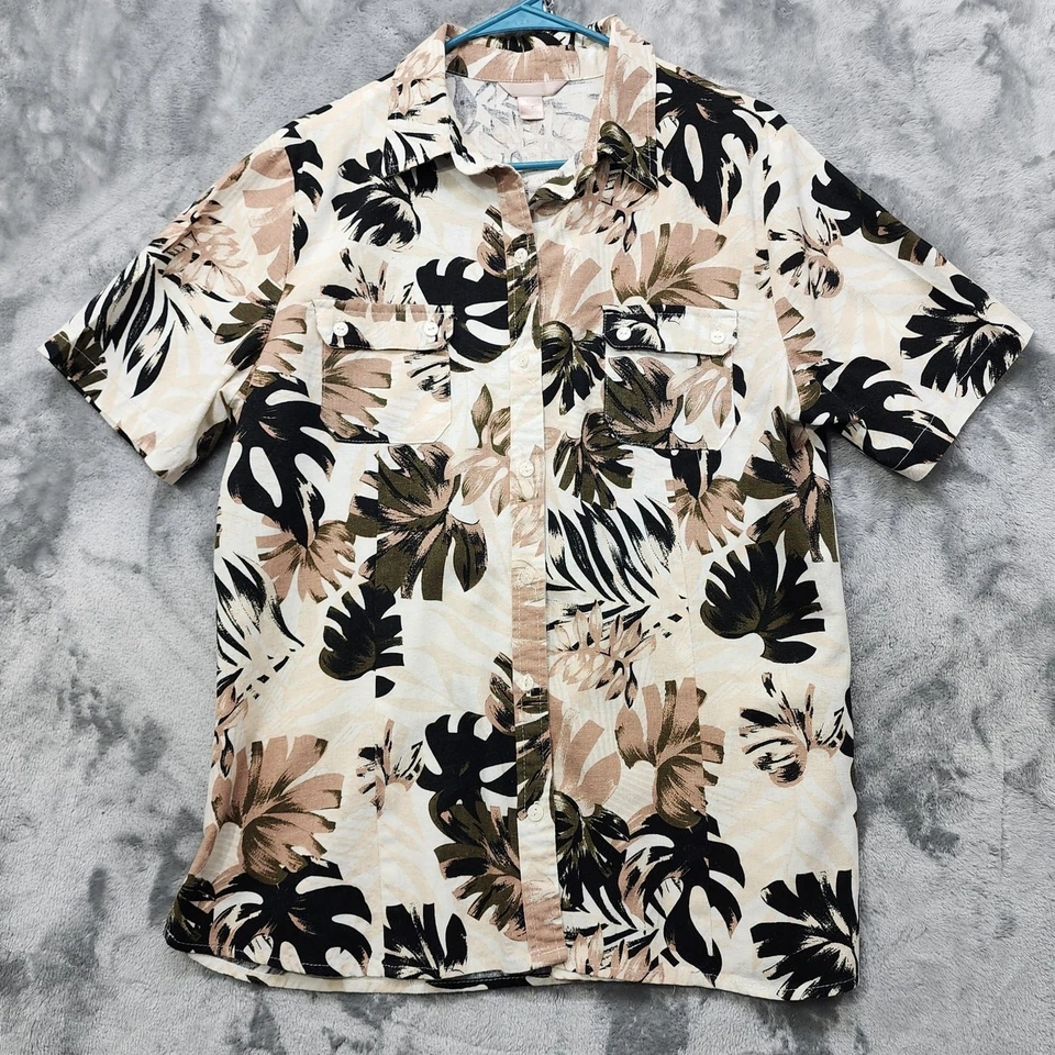 Винтажный белый олень Топ женщин L бежевый желтовато-коричневый черный льняной смеси оставить печать на пуговицах - Изображение 1 из 4