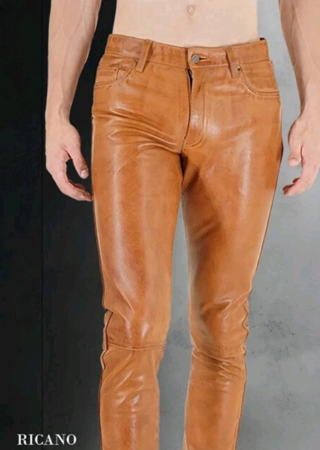 RICANO Cognac Braun Slim Fit Lamm  Lederhose ,Herren Lederjeans Tube Röhre.NEU  - Bild 1 von 4