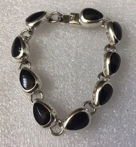 Pulsera Taxco de plata de ley 925 vinculada con incrustaciones de 9 eslabones de piedras oxíx negras - Imagen 1 de 6