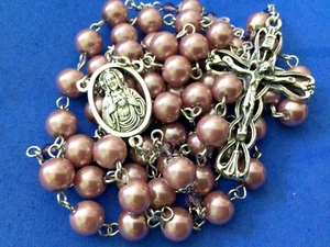 Sacred Heart Rosary 8mm Saint Mauve Glass Pearl Purple Glass Handmade Bead Caps - Picture 1 of 7