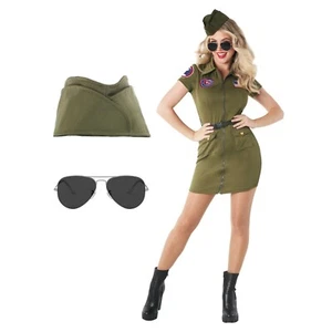 Women`s Sexy Pilot Aviator Costume Size S - XXL Ladies 80s Army RAF Fancy Dress - Picture 1 of 7