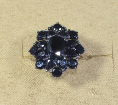 BLACK SPINEL MIXED SHAPE STONES-FLOWER CLUSTER SZ 6 RING-RHOD/STERLING SILVER - Image 1 of 3