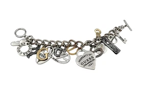 GUESS 15 Charms Bracelet Silver Heart Los Angeles Logo Key Lock Rhinestones Tag - Picture 1 of 10