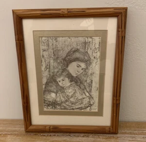 Vintage Edna Hibel Antique Signed Drawing Art Framed Matted Mother & Child - Picture 1 of 11