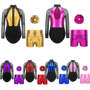 Kids Girls Set Leotard Outfits Metallic Suit Color Block Dancewear Mesh Figure - Picture 1 of 80