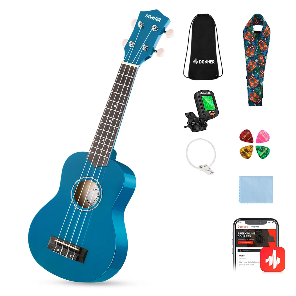 Donner 21 inch Soprano Ukulele Blue Ukalele Ukelele With Bag String Tuner Strap - Image 1 of 4