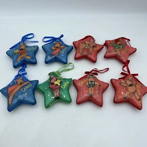 Set of 8 Whimsical Santa’s Reindeers Ornaments Star Shaped Blue Red Green - Picture 1 of 6