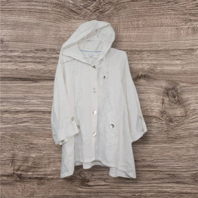 Sigrid Olsen White 100% Linen Hooded Jacket Size Large Abolone Shell Buttons  - Image 1 of 4