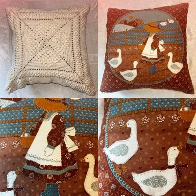 Vintage Handmade Popcorn Crochet Reversible Throw Pillow W/Holly Hobby 14x14” - Image 1 of 4