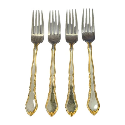 Oneida Golden Royal Chippendale Flatware Dinner Fork x4 Stainless Gold Forks Vtg - Image 1 of 4