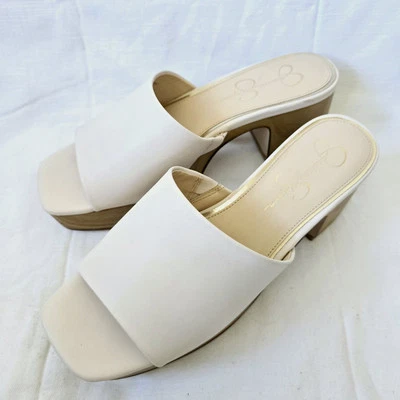 Sandalias de plataforma de cuero blancas gruesas para mujer talla 9,5 tacones de bloque boda carrera Foto 1 de 4