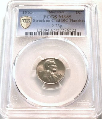 1965 1C PCGS MS 65 ERROR Lincoln Cent Struck on Clad Dime 10C Planchet Blank - Image 1 of 4