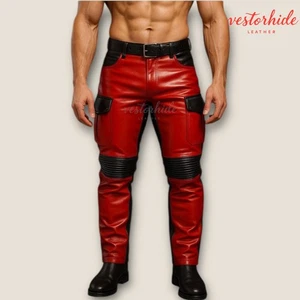 Herren Zweifarbige Leder Biker Hose - Rot und Schwarz Handmade Cargo Hose LGBTQ - Bild 1 von 4