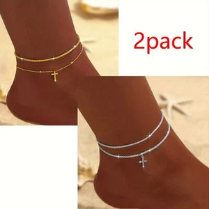 New Women Ankle Bracelet Anklet Boho Foot Chain Beach Gold Silver 2pack - Picture 1 of 11
