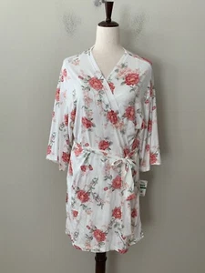 NWT! Flora Nikrooz Women's Sz L Soft Knit Livia Floral Printed Wrap Robe Ivory - Picture 1 of 6