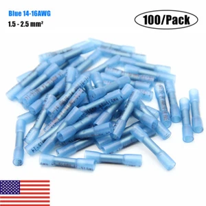 100pcs Blue AWG Heat Shrink Butt Wire Connectors Crimp Terminals 14-16 Gauge US - Picture 1 of 11