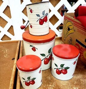 Vintage 1950s 3 Pc. Decoware Tin Litho Red Apple Kitchen Canisters PLUS sifter!