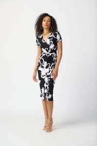 Joseph Ribkoff Black/Vanilla Floral Print Short Sleeve Faux Wrap Sheath Dress 24 - Picture 1 of 8