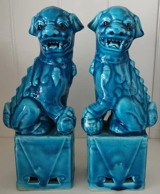Vintage Pair Chinese Turquoise Blue Glazed 9” Foo Dog Lion Figure Ceramic Shiwan - Image 1 of 4