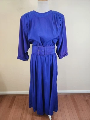 Vestido midi vintage años 80 Nina Piccalino púrpura hombro grande con cinturón para mujer talla 7” Foto 1 de 4