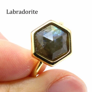 Natural Quartz Crystal Gemstone Open Adjustable Ring Chakra Geometry Band - Picture 1 of 19