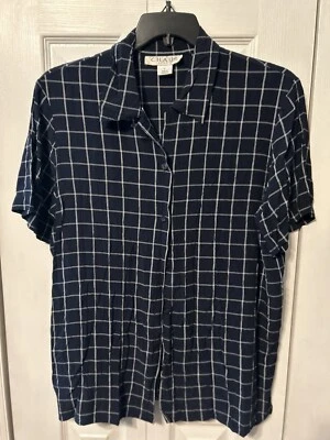 Blusa vintage Chaus para mujer manga corta azul marino blanco con botones talla grande” Foto 1 de 4