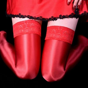 Women Stretch Satin Glossy High Stockings Wetlook Shiny Hosiery Thigh-High Socks - Picture 1 of 19