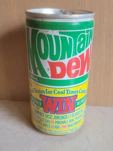 MOUNTAIN DEW Vintage CONTEST Soda Can PUSH BUTTON Steel FLAT TOP Toronto Canada - Picture 1 of 16