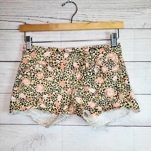 Miss Me Jeans Low Rise Hibiscus Floral Leopard Print Fray Denim Shorts Womens 25 - Picture 1 of 6