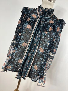 Ulla Johnson Gr. 4 Shirt Top Bluse blau Blumen Boho Knopf Seide Rüschen M1 - Bild 1 von 6