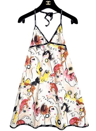 Costume da bagno CHANEL vintage 1995 CC collo alto stampa fumetto svasato