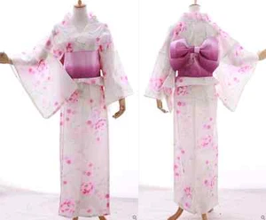 K-021A weiß rosa Blumen Geisha Japan Kimono Yukata Obi Gürtel traditionell - Bild 1 von 9