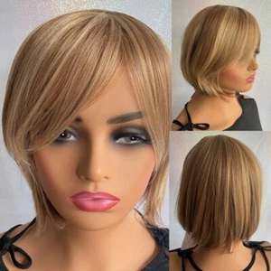 Short Bob Brown Mix Human Hair Blend Heat Ok Wig WOmen Soft Natural Daily - Picture 1 of 13