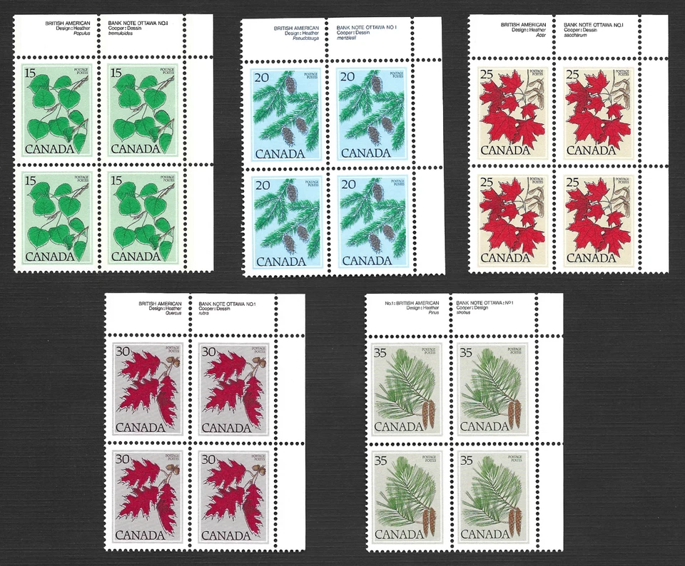 CANADA SC#'s 717-721 MED. VALUE TREE DEFINITIVES, UR #1 PLATE CORNER BLOCKS, MNH - Image 1 of 1