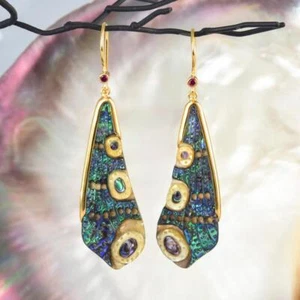 Dragonfly Wing Earrings Abalone Carving Gold Vermeil Sterling Silver Ruby 6.04 g - Picture 1 of 11