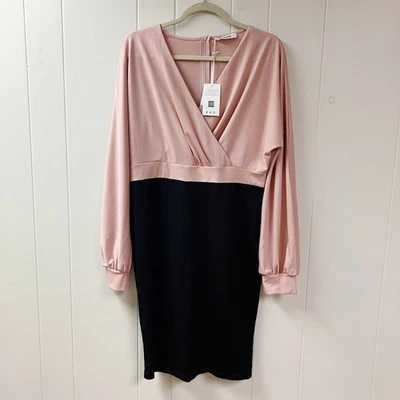 ¡NUEVO CON ETIQUETAS! Vestido envolvente sintético GRACE KARIN MIDI grande rosa negro bloques de colores oficina boda Foto 1 de 4