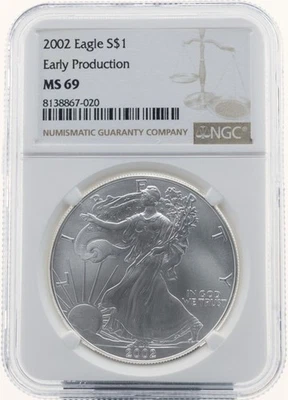 2002 $1 Silver Eagle Early Production NGC MS69 Brown Label - Image 1 of 2