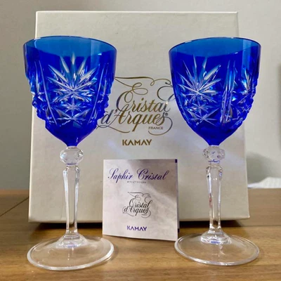 KAMAY Cristal D'arques Blue Pair Wine Glass H 5.7" Gift From Japan - Image 1 of 4