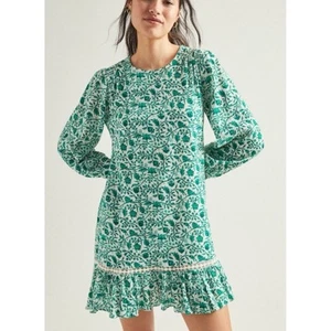 By Anthropologie Beau Mini Abito Taglia XS Verde Floreale Manica Lunga Cambio Tropicale - Foto 1 di 16